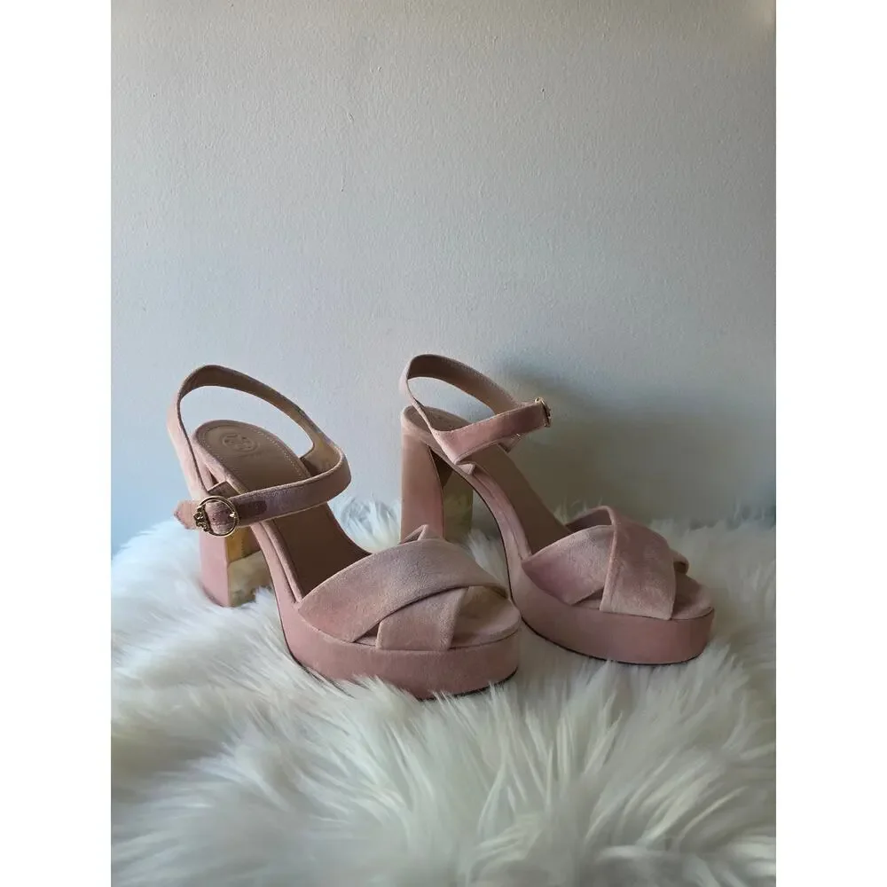 Tory Burch Loretta Velvet Plateau Sandals Blush Pink Size 10.5